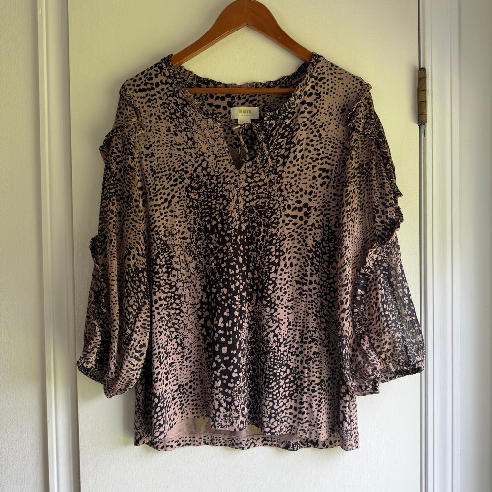 Maeve Anthropologie Animal Print Ruffle Balloon Sleeve Blouse Mauve Black Medium - Picture 1 of 9